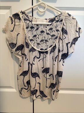 Corey Lynn Calter Cream Top with Navy Flamingo Print